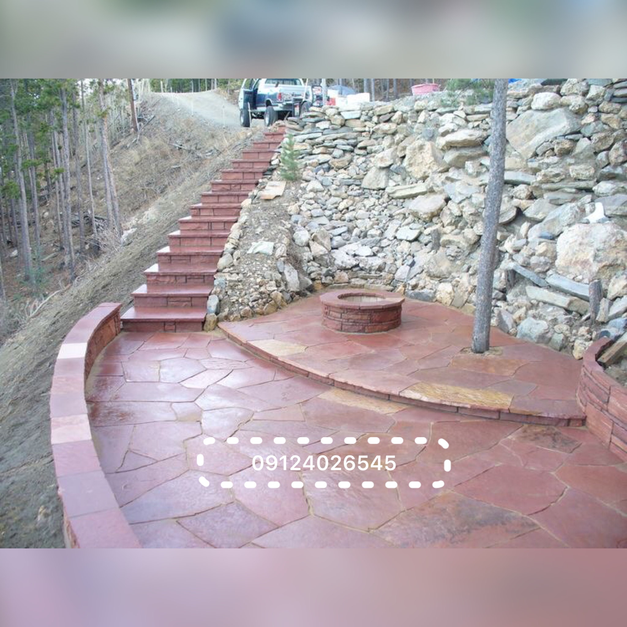 نصب سنگ لاشه و نصب سنگ مالون برای کف و دیوار پله باغچه محوطه سازی باغ ویلا